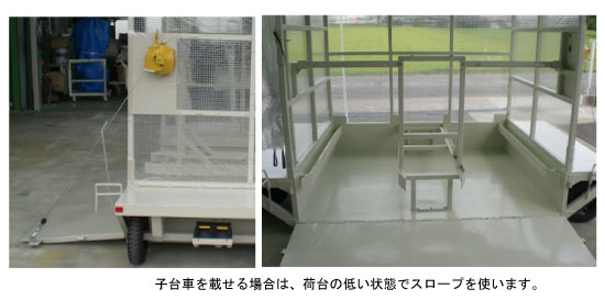荷台は台車を載せるため低床で、スロープを使います。